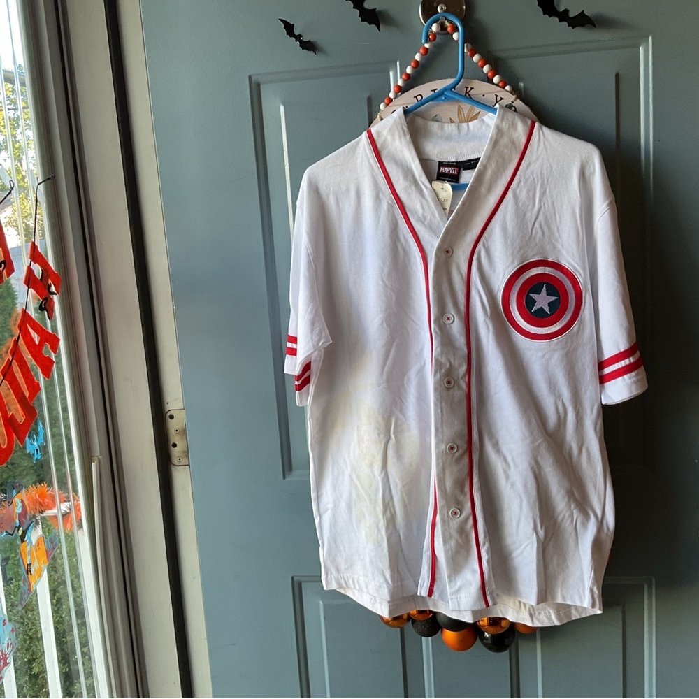 Marvel Red and White Captain America yellow outline on bottom Baseball Shirt